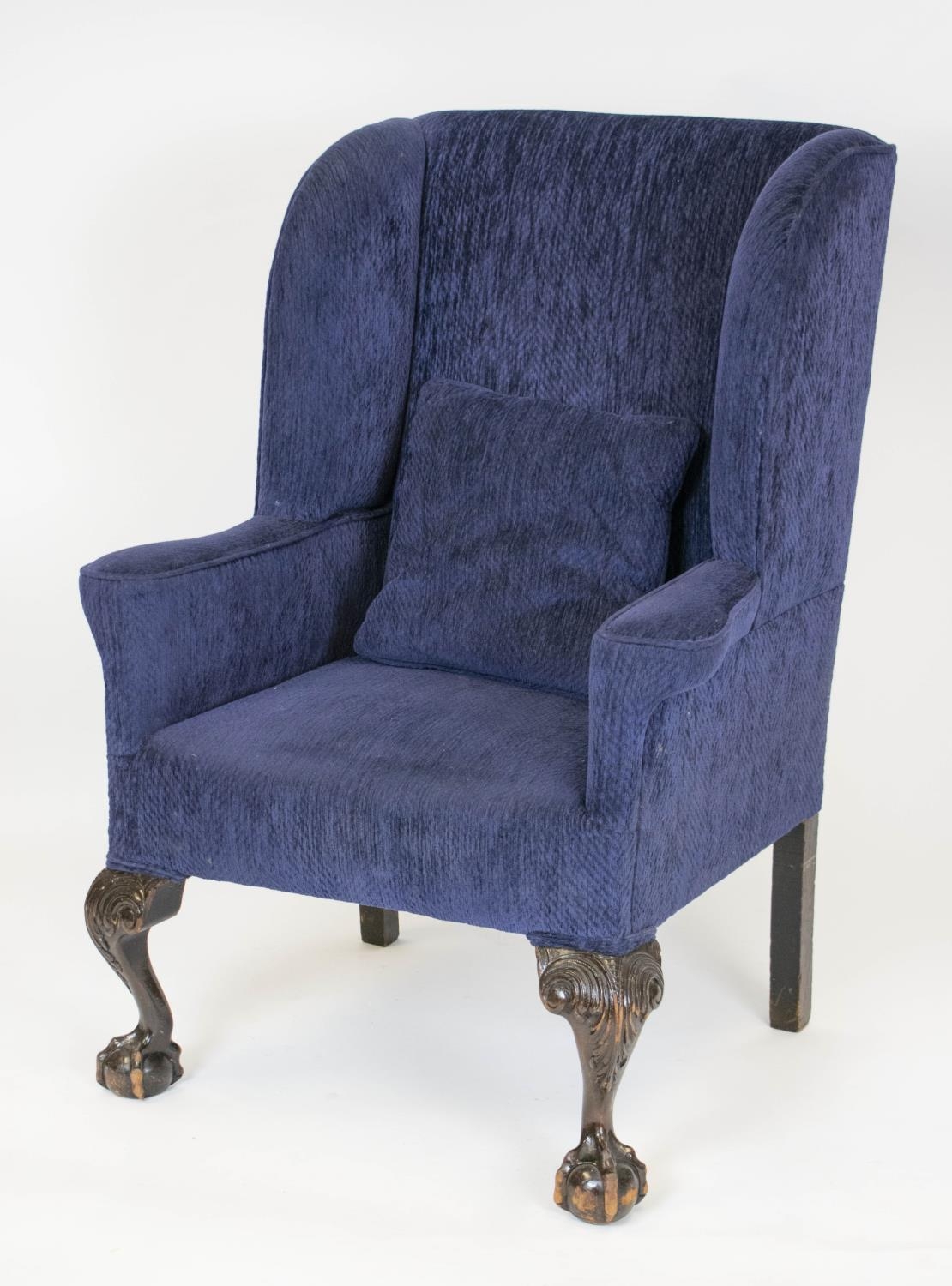 WING ARMCHAIR, 106cm H x 75cm, early 20th century in navy blue chenille.