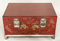 LOW TABLE, mid 20th century Chinese lacquered trunk, silvered metal mounted with stand and glazed