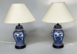 TABLE LAMPS, a pair, Chinese blue and white ceramic vase form with shades, 46cm H. (2)