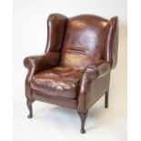 WING ARMCHAIR, 107cm H x 84cm, Georgian style brown leather.
