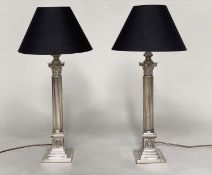 COLUMN TABLE LAMPS, a pair, silvered Corinithian capped fluted columns with plinths and shades, 77cm