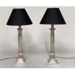 COLUMN TABLE LAMPS, a pair, silvered Corinithian capped fluted columns with plinths and shades, 77cm