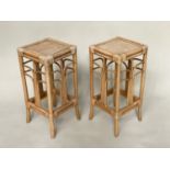 BAMBOO LAMP TABLES, a pair, 1970s bamboo framed wicker panelled and cane bound, 30cm x 30cm x