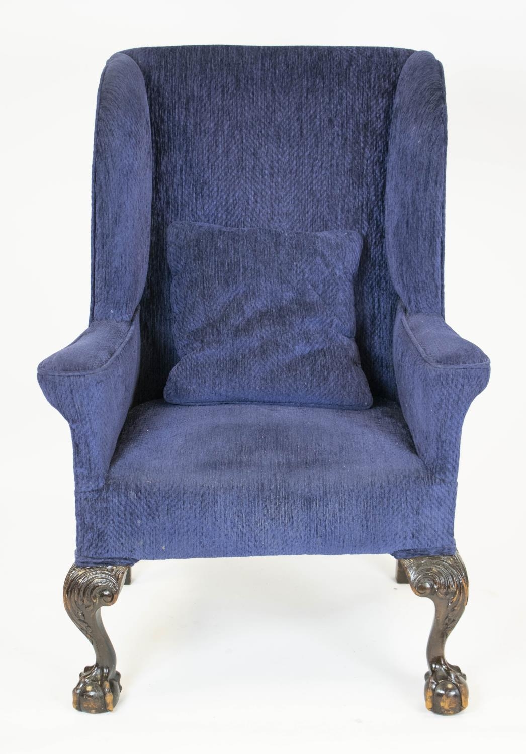 WING ARMCHAIR, 106cm H x 75cm, early 20th century in navy blue chenille. - Image 2 of 4