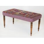 STOOL, 47cm H x 95cm W x 48cm D, part William IV rosewood in kilim and mauve upholstery.