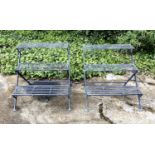 GARDEN ETAGERES, 59cm H x 69cm W x 69cm D, a pair, three tier, lead grey painted metal. (2)