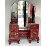 DRESSING TABLE, 1930s scarlet lacquered and gilt polychrome chinoiserie decoration with triple