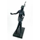 ABSTRACT MUSICIAN SCULPTURE, in floating seated position in verdigris finish, 87cm H.