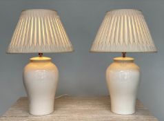 TABLE LAMPS, a pair, craquelure cream ginger jar form vases with pleated shades, 69cm H. (2)