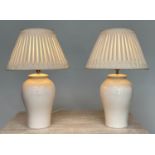 TABLE LAMPS, a pair, craquelure cream ginger jar form vases with pleated shades, 69cm H. (2)
