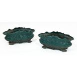 PLANTERS, a pair, 19th century French green painted cast iron, 26cm x 57cm. (2)