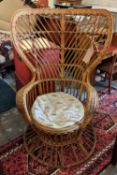 WICKER AND BAMBOO CHAIR, 80cm W x 120cm H, high wing back.
