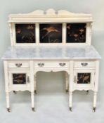 SIDEBOARD, 19th century Aesthetic grey painted with Japanese inset lacquered panels, white marble