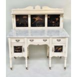 SIDEBOARD, 19th century Aesthetic grey painted with Japanese inset lacquered panels, white marble