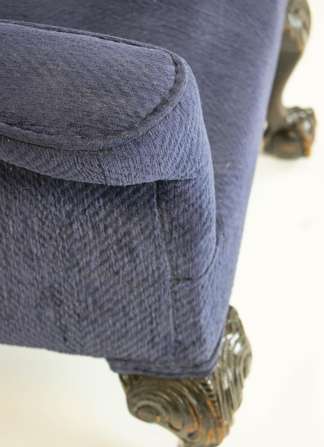 WING ARMCHAIR, 106cm H x 75cm, early 20th century in navy blue chenille. - Image 4 of 4