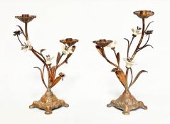 FLOWER CANDLESTICKS, a pair, Italian style cast bronzed metal with ceramic flower heads, 40cm H. (2)