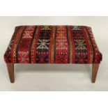 KILIM FOOTSTOOL, rectangular kilim upholstered with square tapering supports, 82cm W x 56cm D x 35cm