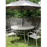 GARDEN SET, painted aluminium, circular woven lattice patterned with five coordinating armchairs and
