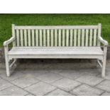 GARDEN BENCH, silvery weathered teak of slatted and pegged construction, 180cm W.