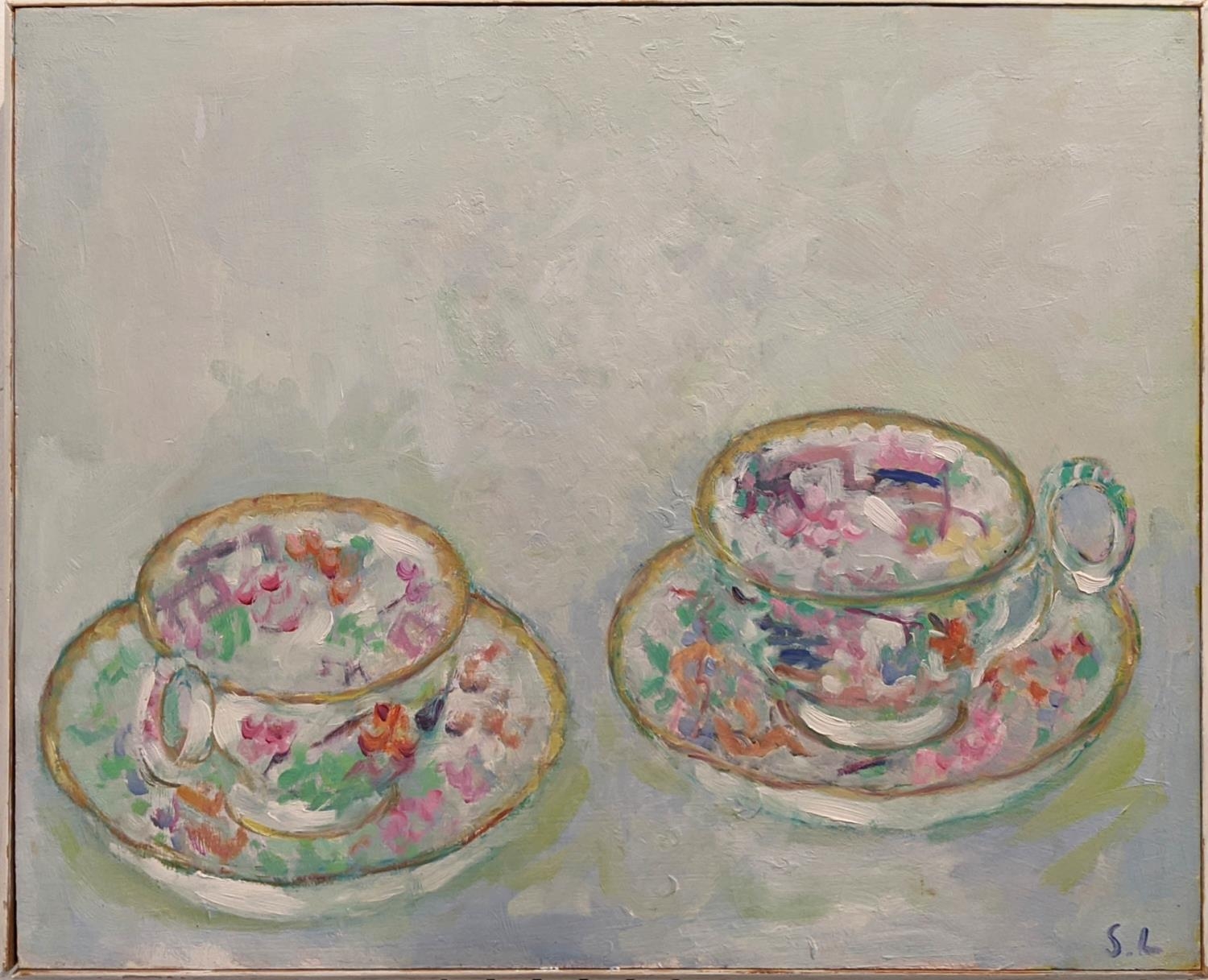 SUSANNA LINHART (1931-2021) 'Still Life with cups and saucers', oil on paper, 38cm x 46cm, framed.