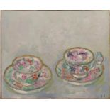 SUSANNA LINHART (1931-2021) 'Still Life with cups and saucers', oil on paper, 38cm x 46cm, framed.