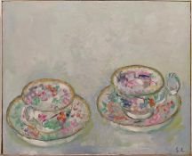 SUSANNA LINHART (1931-2021) 'Still Life with cups and saucers', oil on paper, 38cm x 46cm, framed.