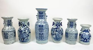 CHINESE VASES, six, blue and white with dragon ears, tallest 58cm. (6)
