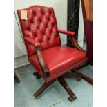 DESK CHAIR, 58cm W, red buttoned leather, swivel action.