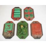 RENAULT CAR ENGINE MOULDS, a set of five, painted and mounted on wood panels, 38cm x 60cm. (5)