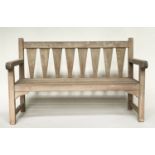 GARDEN BENCH, weathered teak of slatted construction with triangular splat back, 140cm W.