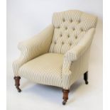 ARMCHAIR, 90cm H x 79cm W, Victorian mahogany, circa 1870, in brown ticking on castors.