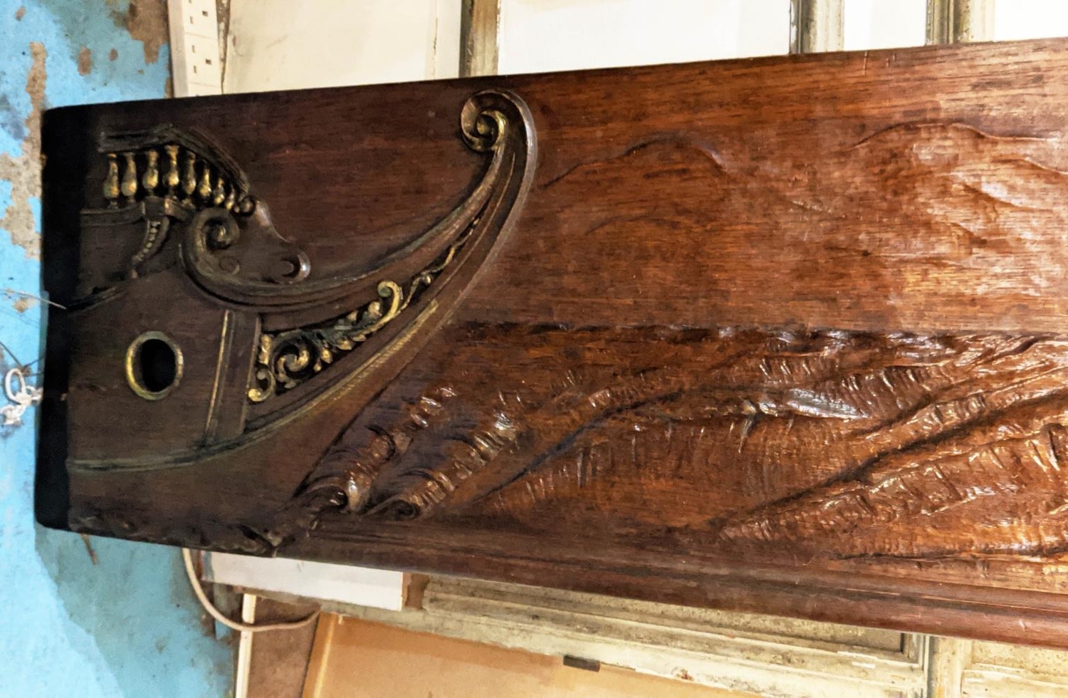 CARVED WOOD PANEL 43cm H x 295cm L, oak, early 20th century, depicting two ships, a rolling sea - Image 3 of 6