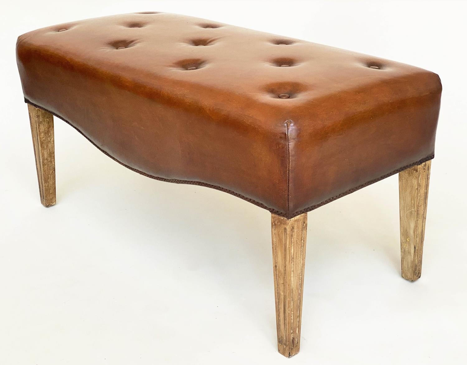 HALL BENCH, brass studded tan leather upholstered with bowed under tier, 100cm W x 45cm D x 50cm H. - Image 2 of 7
