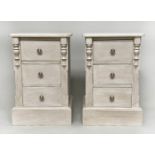 BEDSIDE CHESTS, a pair, French traditionally grey painted each silvered metal mounted with three