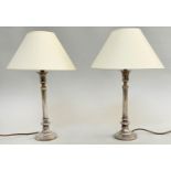 COLUMN TABLE LAMPS, a pair, Georgian design silvered metal column and turned weighted base, with
