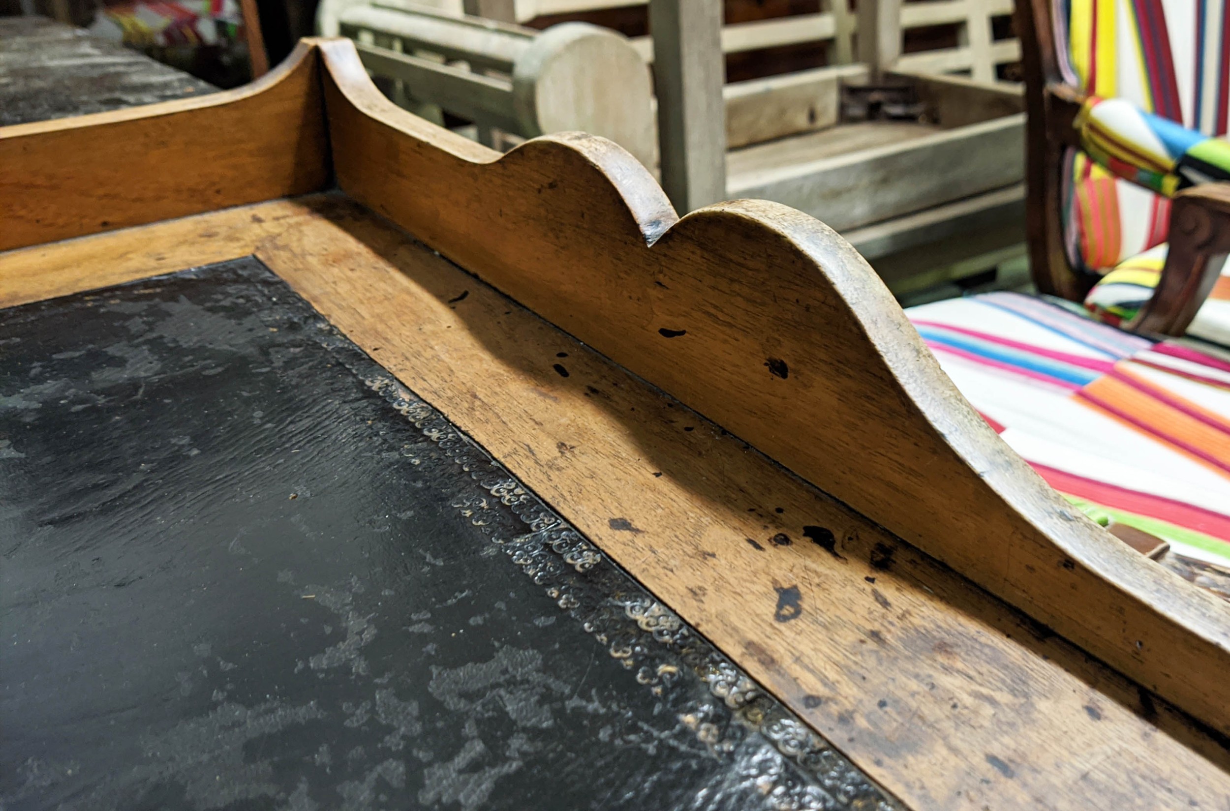 WRITING TABLE, 111cm W x 64cm D x 85cm H, 19th century French walnut with a shaped gallery and black - Image 5 of 6