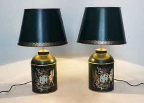 CANISTER LAMPS, a pair, antique style toleware, tea canister form each with royal coat of arms and