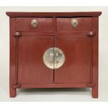 CHINESE CABINET, 19th century scarlet lacquered and silvered metal mounted with two drawers and