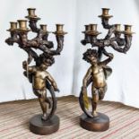 PUTTI CANDELABRA, a pair, spelter, each 5 branch, 68cm H. (2)