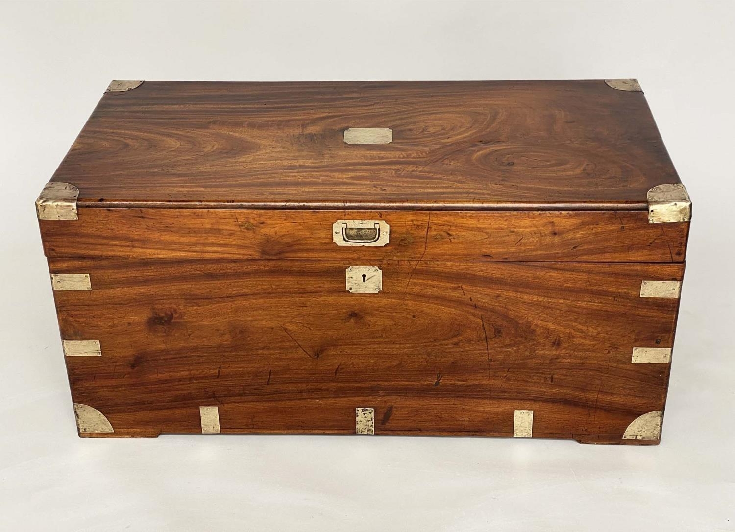 TRUNK, 19th century Chinese export camphorwood and brass bound with rising lid and carrying handles,