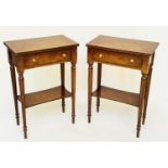 LAMP TABLES, a pair, George III design burr walnut and crossbanded each with drawer and undertier,