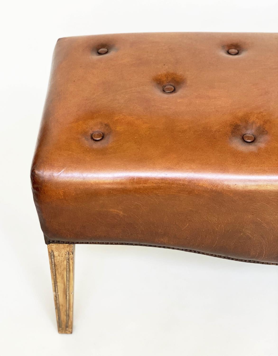 HALL BENCH, brass studded tan leather upholstered with bowed under tier, 100cm W x 45cm D x 50cm H. - Image 5 of 7