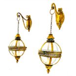 WALL HANGING GLOBULAR LANTERNS, a pair, Regency style, gilt metal, 80cm x 25cm x 25cm. (2)