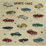 PAUL SMITH FOR RUG COMPANY SPORTS CARS TAPESTRY ON STRETCHER, 105cm x 107cm.