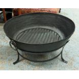 FIRE BOWL, 80cm x 47cm, black painted metal with grill, on stand.