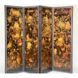 SCREEN, 19th century Dutch four fold rectangular, with oil on panel rustic scenes and decoupage