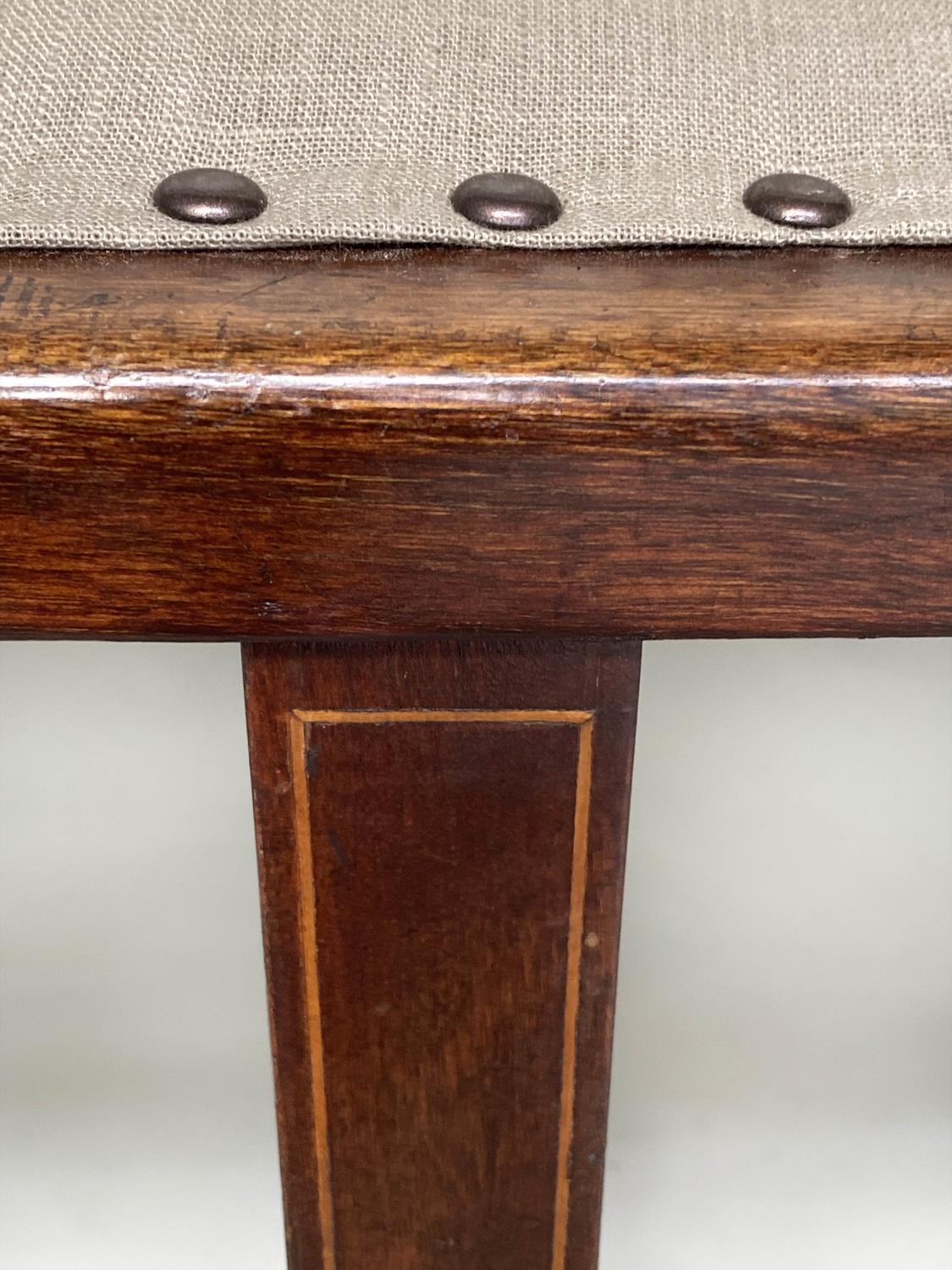 HALL SEAT, early 20th century Edwardian mahogany and line inlaid with pierced splat back and studded - Image 3 of 10