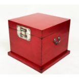 TRUNK, early 20th century Chinese scarlet lacquer and silvered metal mounted with plinth and