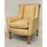 WINGBACK ARMCHAIR, Edwardian piped yellow brocade upholstery and tapering supports, 72cm W.