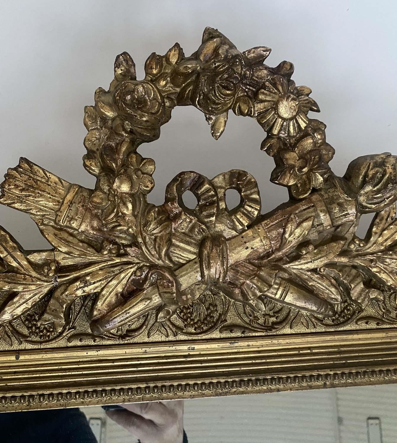 OVERMANTEL MIRROR, late 19th/early 20th century French giltwood and gesso moulded with quiver and - Image 3 of 5